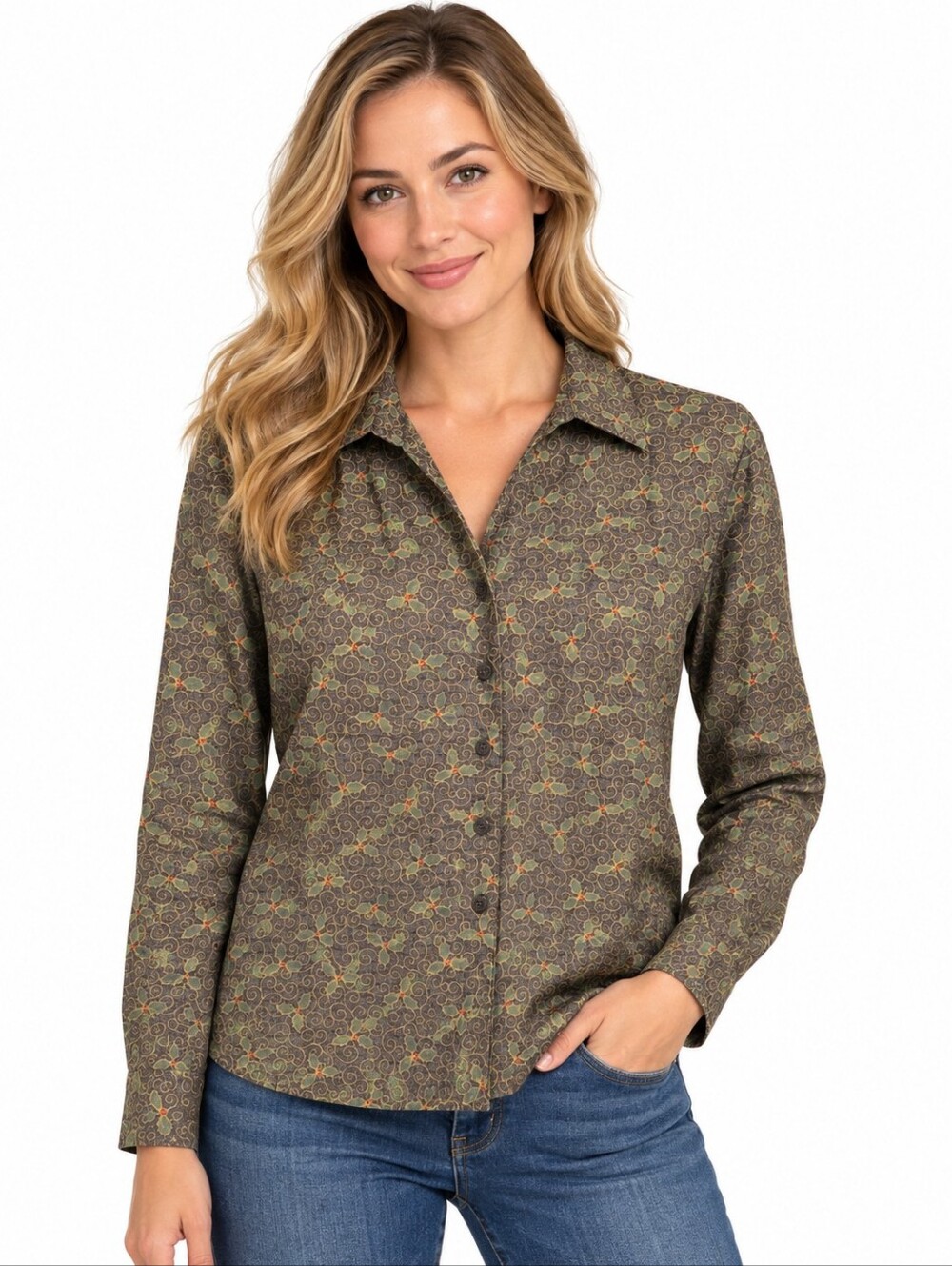 Christopher & Banks Christmas Holly Button Front Blouse Women’s M Holiday